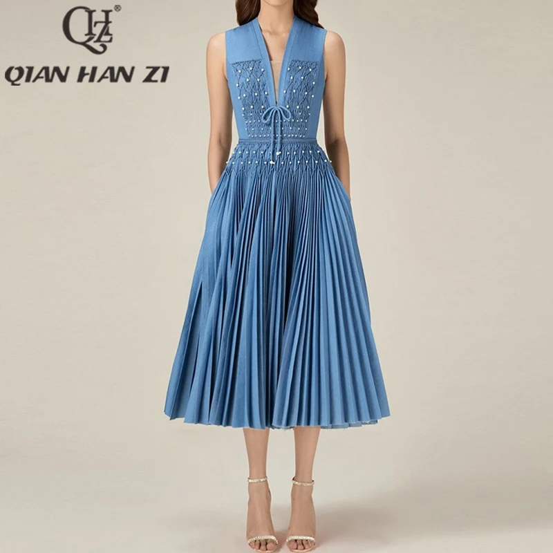 

QHZ Designer Fashion High-Elegant Party Dress Women V-neck bow Retro Tassel weaving Beading Slim luxury Pleats Long dress