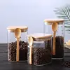 Japanese Style Square Glass Sealed Storage Jar with Wooden Spoon Seasoning Box Coffee Bean Cans Household Milk Powder Tea Cans 2
