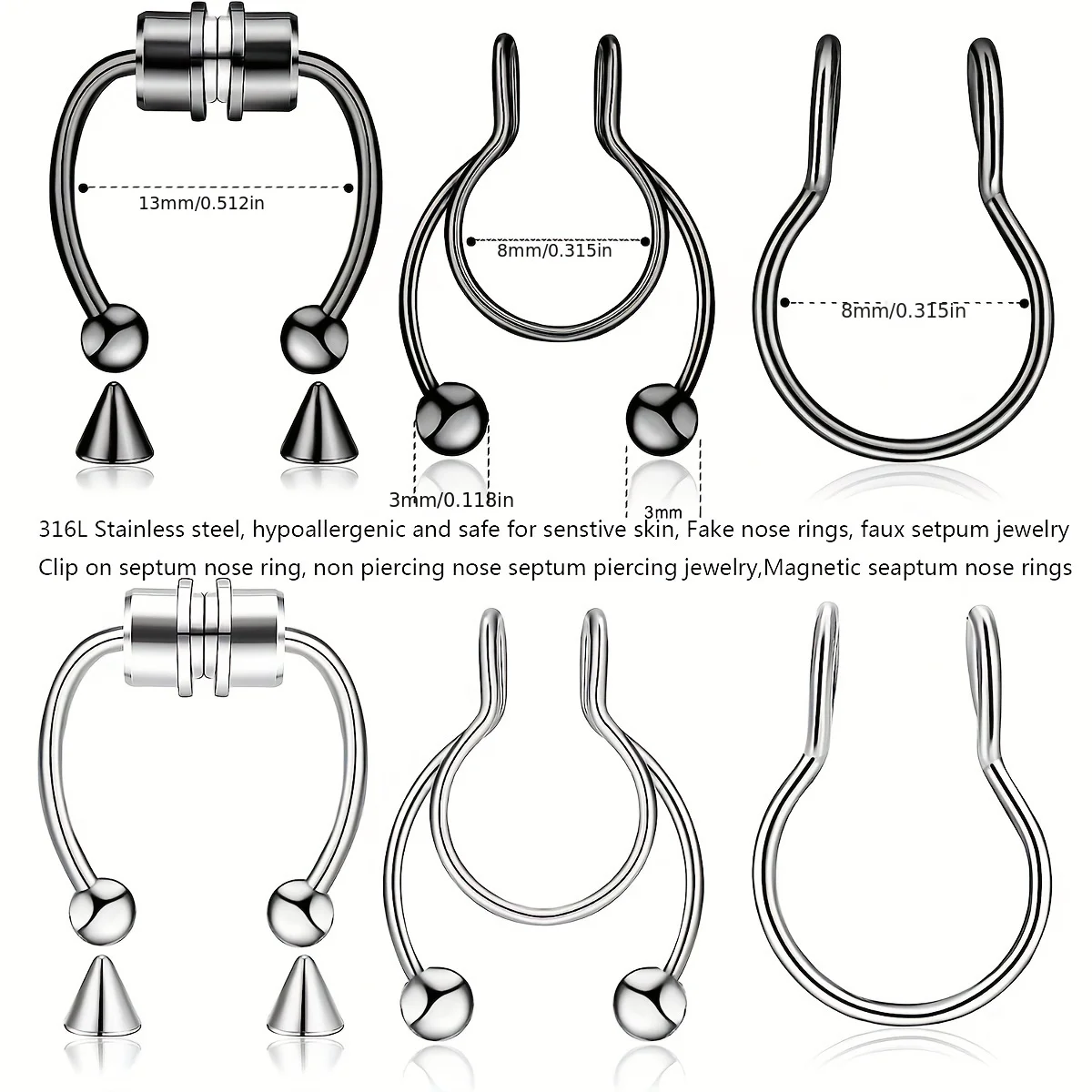 1Pcs/3Pcs Men Stainless Steel Fake Nose Ring Set Fake Nose Septum Ring Magnetic Non-Piercing Cartilage Earring For Woman