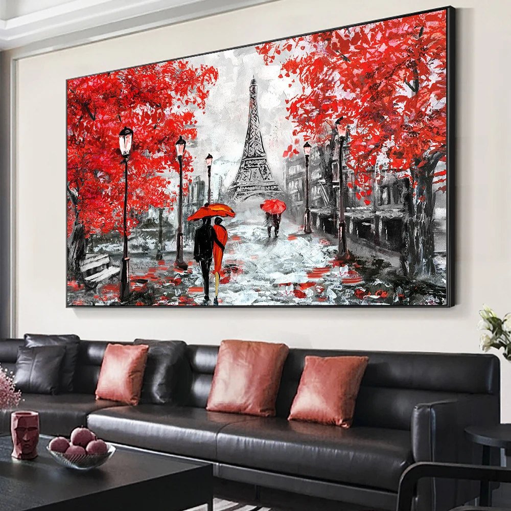 

Handpainted Thick Texture Walking Lovers Eiffel Tower Red Tree Oil Paintings Canvas,Modern Wall Hanging Art Live Room Home Decor