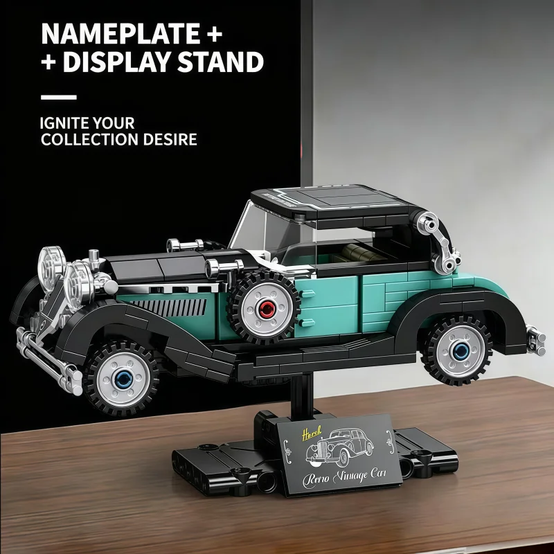 K2262 340PCS 빈티지 자동차 모델 빌딩 블록 세트 (베이스 스탠드 포함) 레트로 클래식 자동차 브릭 수집용 빈티지 자동차 모델 키트