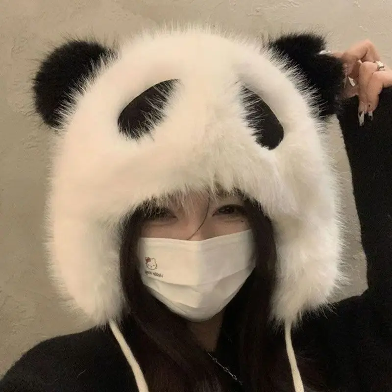 Cute Plush Animal Panda Cartoon Fuzzy Beanie Hat Winter Adult Women's Men's Costume Warm Fluffy Cosplay Girls Cap