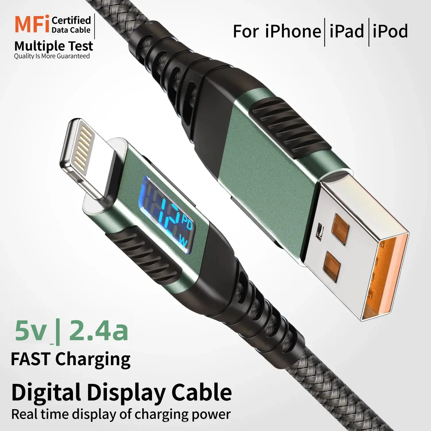 Premium USB-A to Lightning Fast Charging Cable with Digital Display - MFi Certified Nylon Braided, 2m/6.6ft