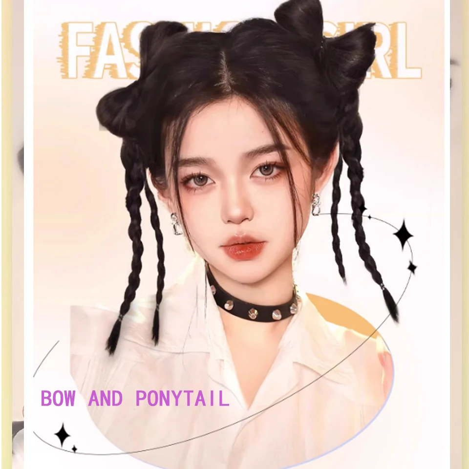Wig Braid Female Sweet Cool Wind Y2k Bow Ball Head Double Ponytail Natural Twist Long Braid Boxing Braid Synthetic Wig