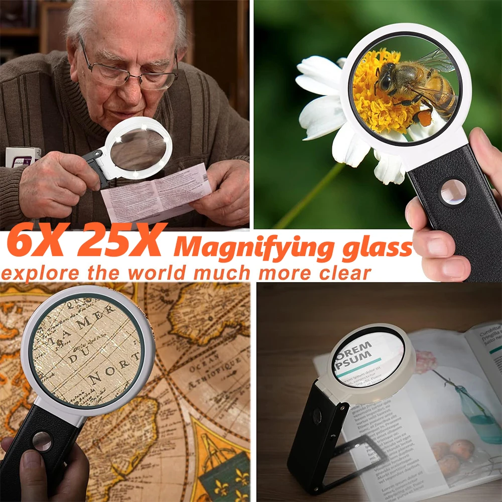 Folding Magnifying Glass Stand Table Magnifier Led Lights illumination 6X / 25X Reading Magnifier Jewelry Identify Coin jewelry magnifier jewelry magnifying glass magnifying glass reading magnifier magnifying glass lamp