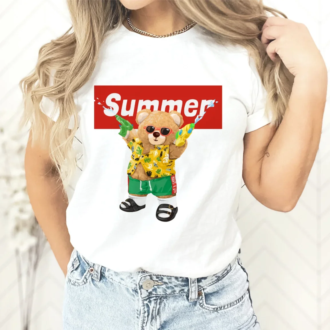 

Y2k летняя свободная футболка с коротким рукавом, модная и милая одежда 90-х годов, женская футболка, топ с принтом, модная футболка с надписью и принтом медведя
