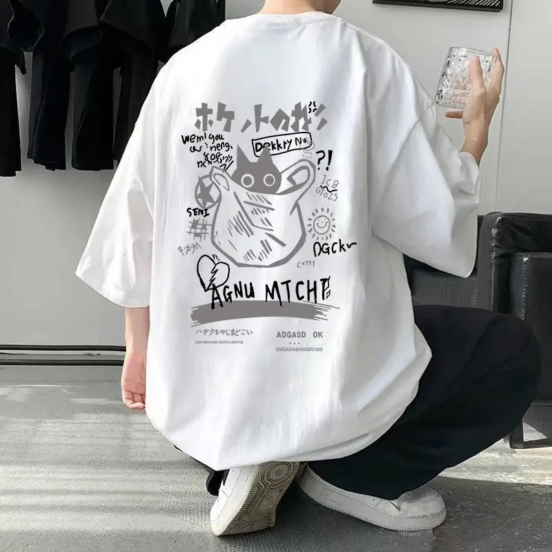 

Korean version of cartoon pocket cat graffiti short-sleeved T-shirt men trendy loose casual versatile college style couple tops