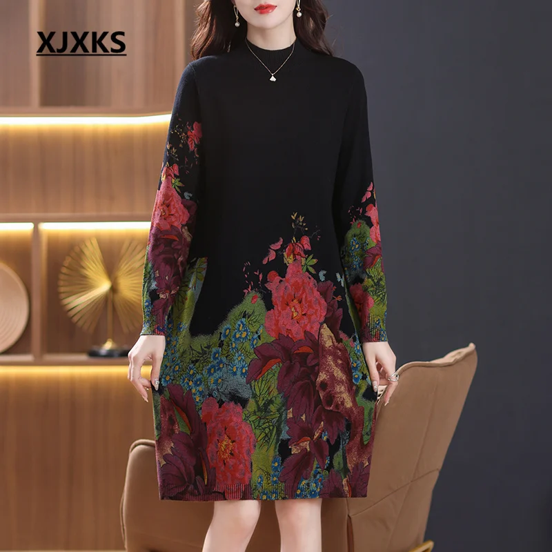 

XJXKS 2022 Autumn And Winter New Women's High Collar Dress Fashion Print Soft Wool Knitted Long Sweater Vestidos