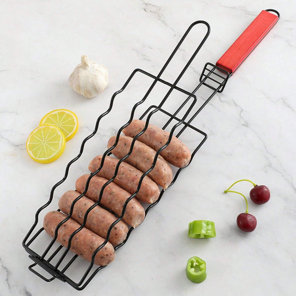 New Removable Hot Dog Grill With Wooden Handle Sausage Grill Cage Grill Basket Grill Accessories Portable Outdoor BBQ Rack