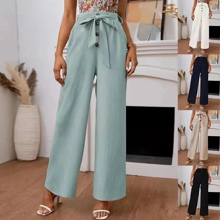 

Women Pants High Waist Wide Leg Length Pants Ankle Length Sashes Pockets Loose Fit 2024 Summer Slight Strech Casual Button