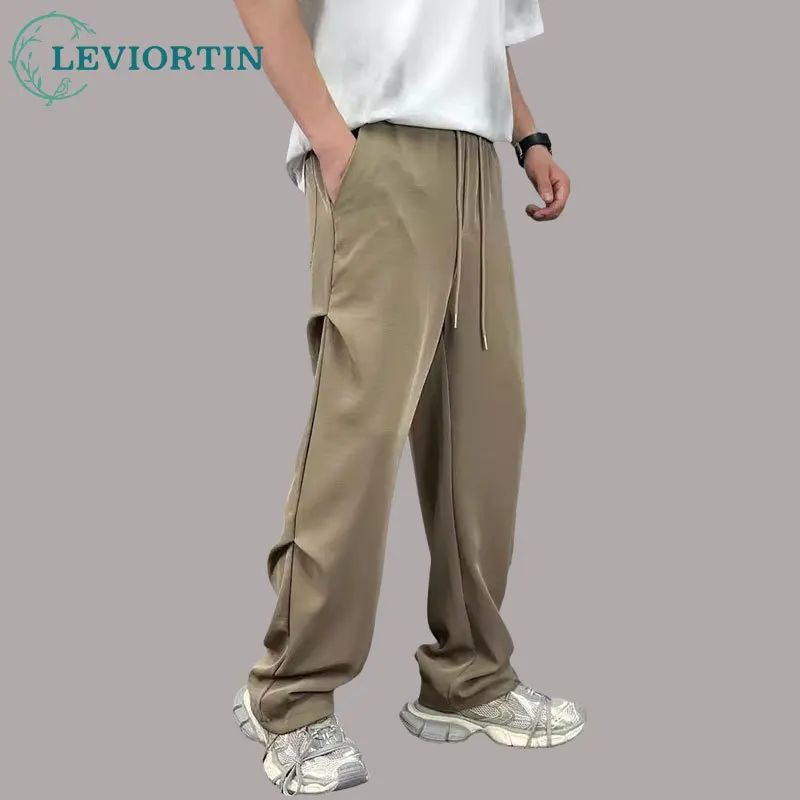 

Рабочие брюки для парашютеров, мужские летние ультратонкие прямые брюки из ледяного шелка, мужские удобные мешковатые брюки с завязкой на талии, 2024