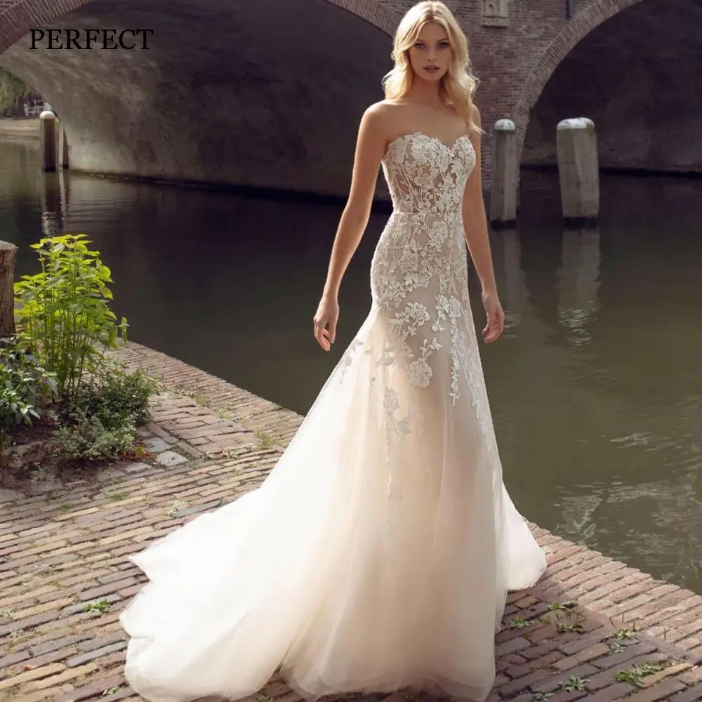 

PERFECT Luxury Sweetheart Mermaid Wedding Dresses Lace Appliques Sleeveless Bridal Gowns Sweep Train Robe De Mariee Custom Made