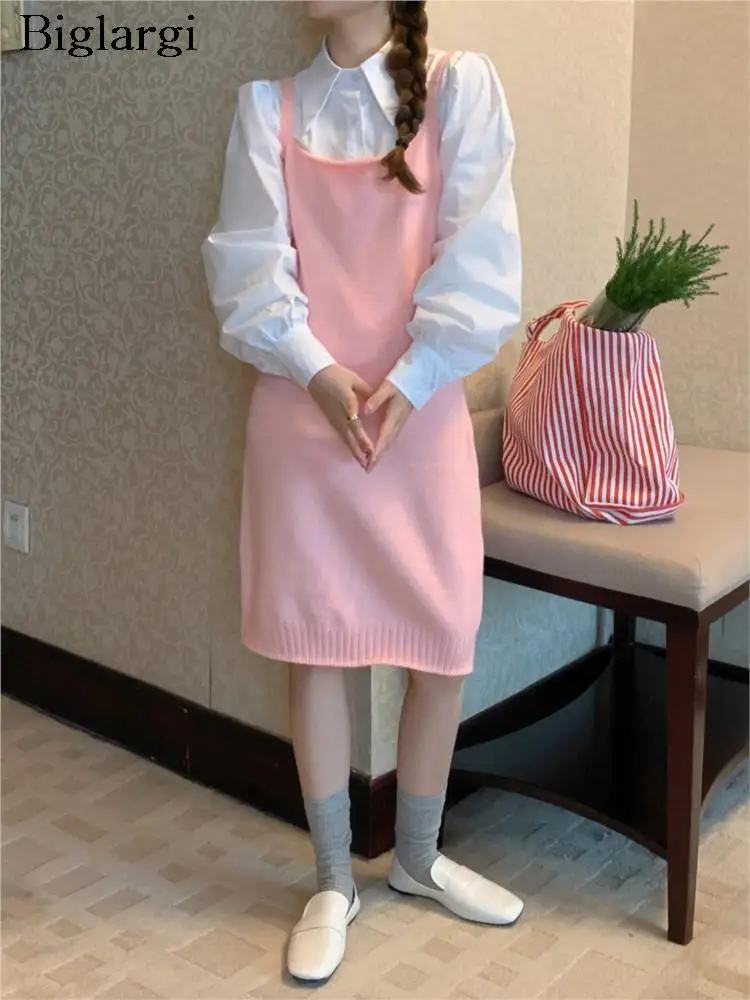 

Spring 2 Two Piece Set Women Long Sleeve Pleated Fashion Casual Ladies Shirts Tops Knitted Korean Style Loose Woman Slip Dress