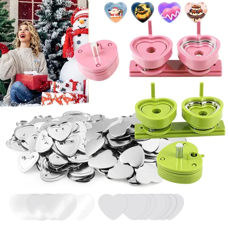 Pink Heart Shape 57*53mm Button Maker Machine Mold 100 Set Button Parts for Pin Badge Press Maker Slide Rail Machine DIY Making
