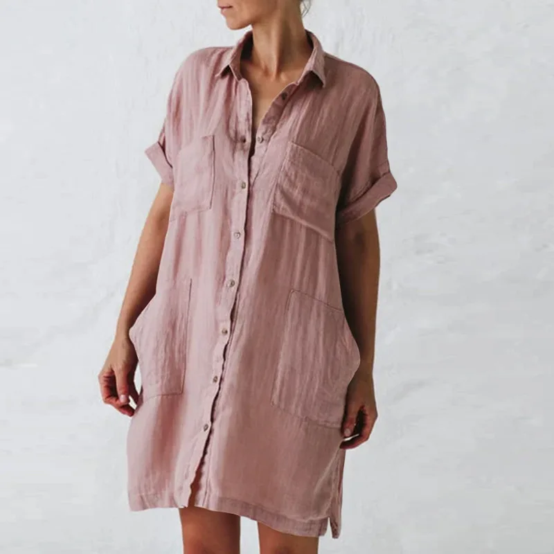 

Jocoo Jolee Womens Cotton Linen Button Down Shirt Dress Casual Loose Cuffed Short Sleeve Dresses with Pockets
