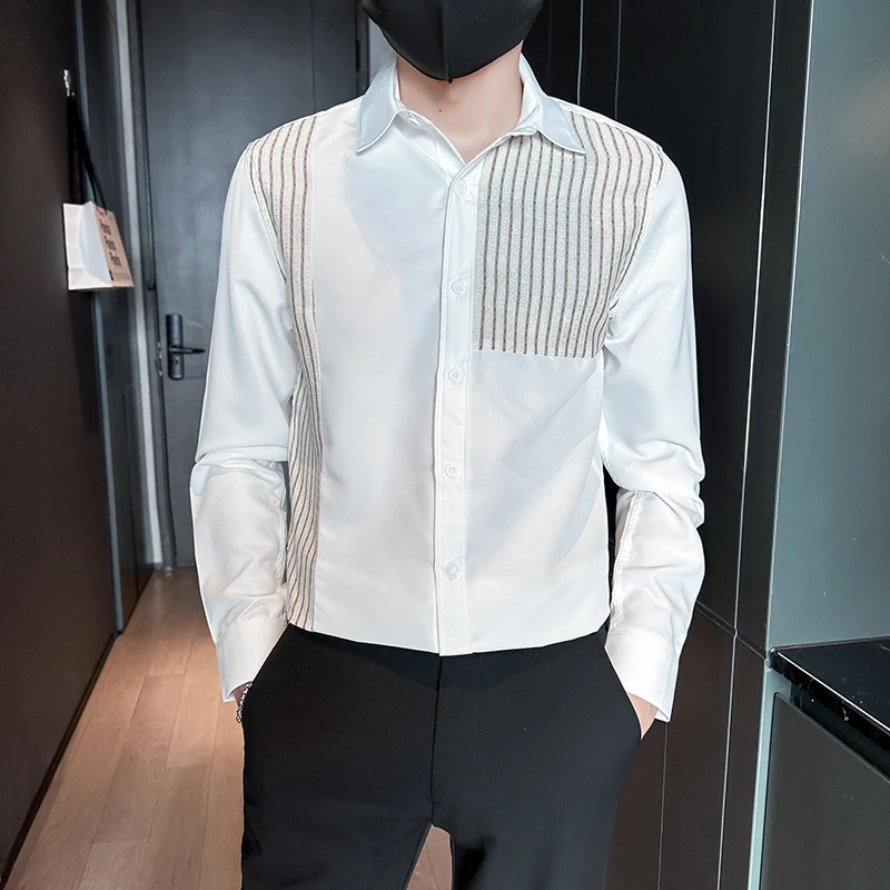 Men's Spring High Quality Long Sleeve Shirts/Male Slim Fit Fashion Color Matching Lapel Business Shirts Plus Size 3XL-M