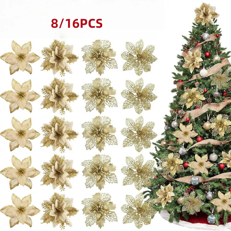 4/8/16 Stück Glitzer Künstliche Weihnachtsblumen Weihnachtsbaum-Dekoration für Zuhause Raum Party Weihnachtsschmuck 2026 Neujahrsgeschenk