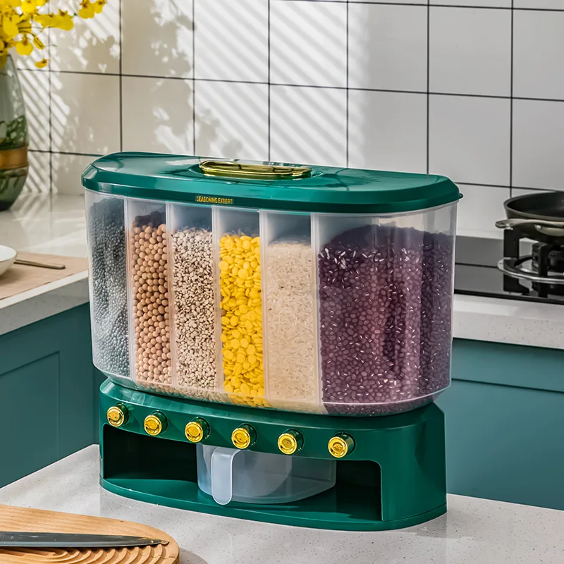 

Wall-Mounted Grains Dispenser 6 Grids Airtight Cereal Dispenser Countertop Bucket 10L Dry Food Storage Container For Soybean