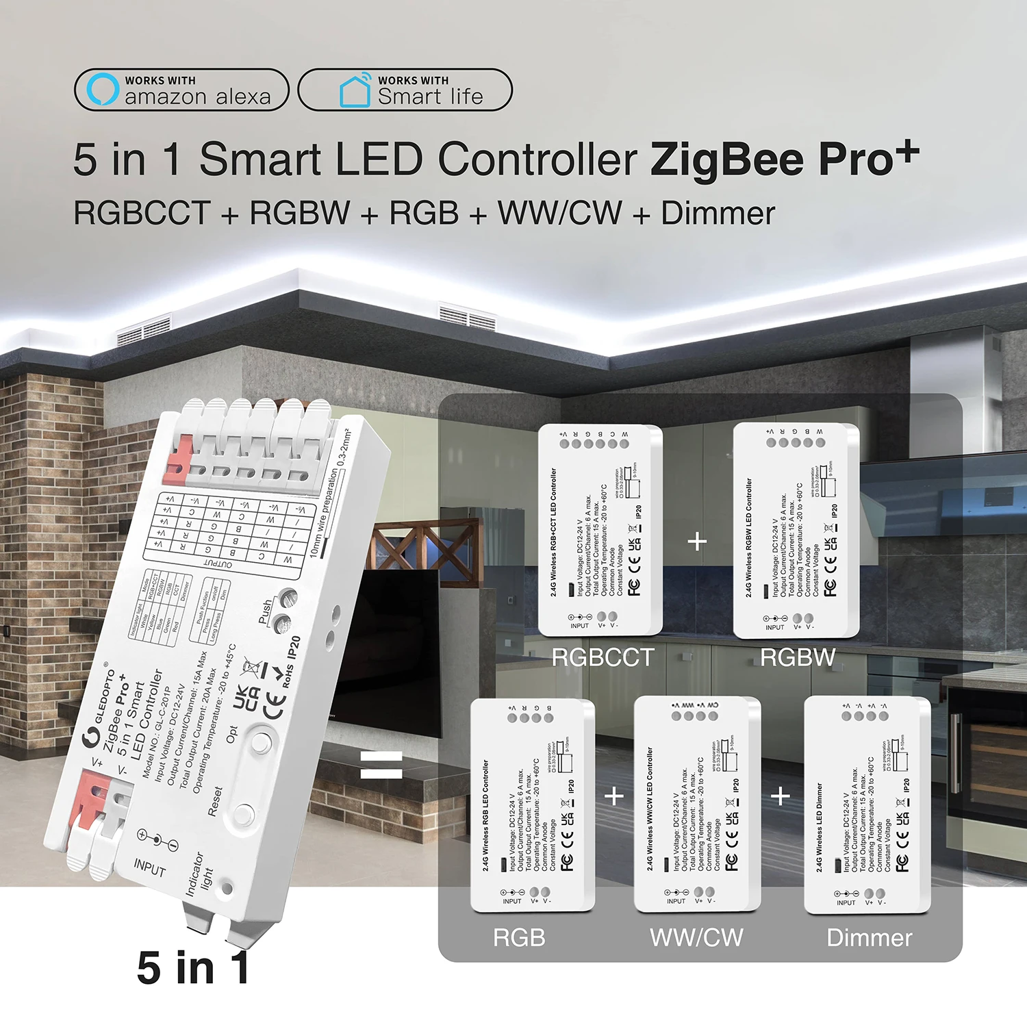 GLEDOPTO ZigBee 3.0 5 in 1 Pro Plus LED Strip Controller 20A Max RGBCCT/RGBW/RGB/CCT/Dimmer Alexa Tuya Smart APP Voice Control moeshouse tuya zigbee3 0 radiator actuator valve smart programmable trv thermostat temperature controller led display alexa voice control white