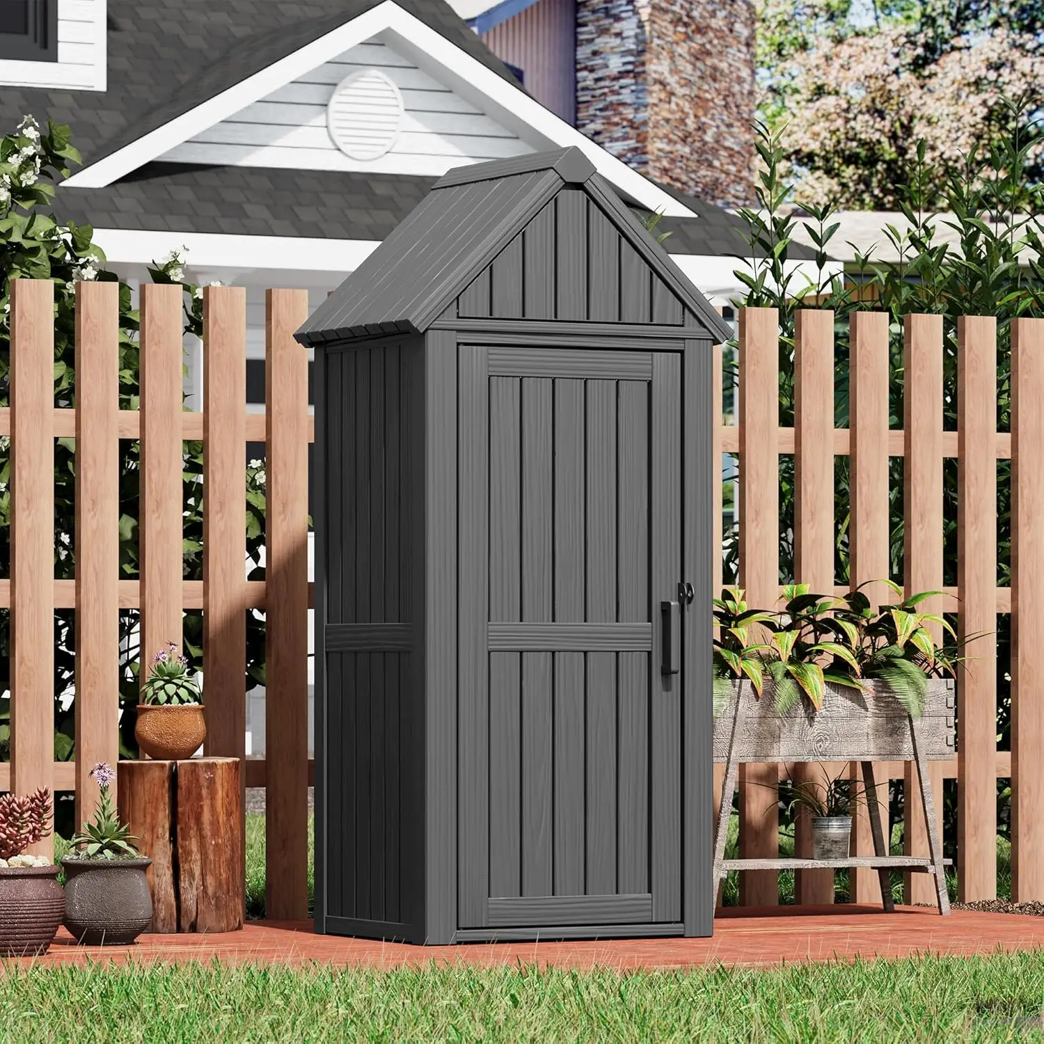 Outdoor Resin Storage Shed, Upgrade Durable Storage Cabinet with Removable Shelves and Lock Ring