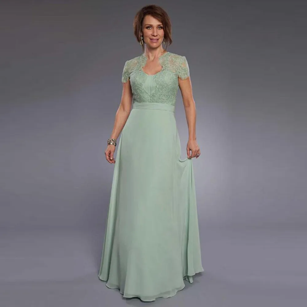 

New Fashion A Line Mint Green Chiffon Lace Top Mother of the Bride Gowns Short Sleeve V Neck Mother of the Groom Dress Cheap