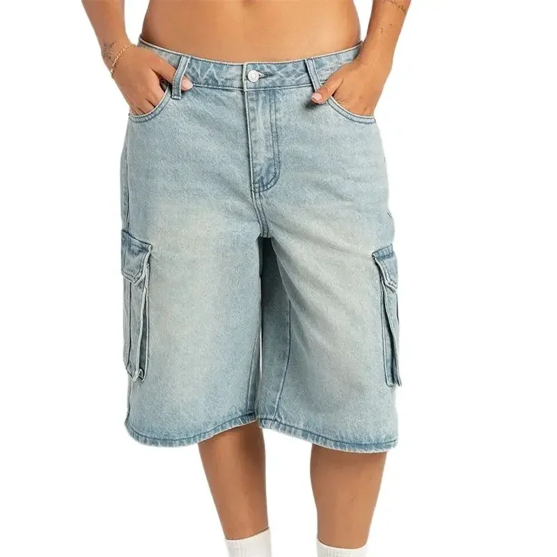 Women Side Splicing Pocket Loose Mid-length Jeans Straight Five-quarter Length Trousers Female Casual Denim Pants New Streetwear