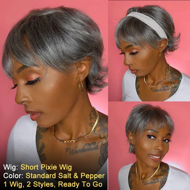 Soulladywigs 솔트 앤 페퍼 쇼트 픽시컷 글루리스 리얼 인모 웨어앤고 그레이 가발 (레트로 플립 엔드)