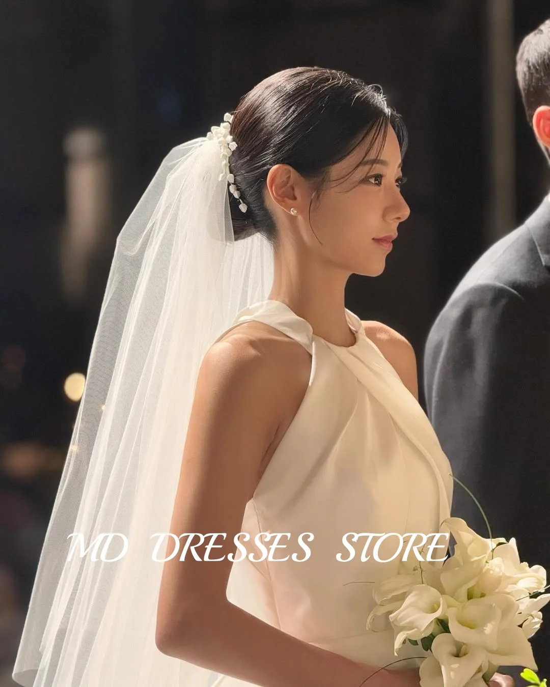 MD Simple Satin A-line Wedding Dresses Halter Sleeveless Pleat Korea Photoshoot Floor-Length Corset Back Customized Bride Gowns 3