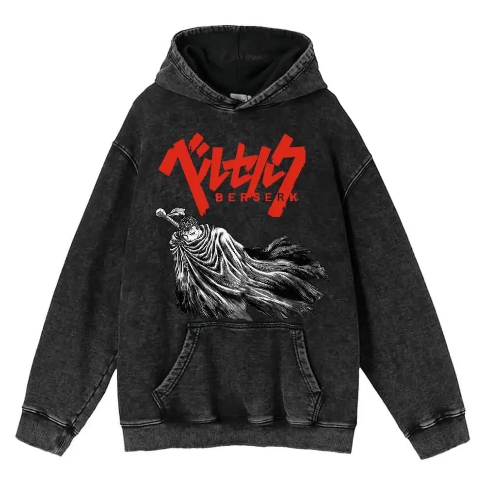 

Berserk Oversized Hoodies Anime Washed Hoodie Vintage Guts Skeleton Knight Long Sleeves Pullover 100%Cotton Fashion Streetswear