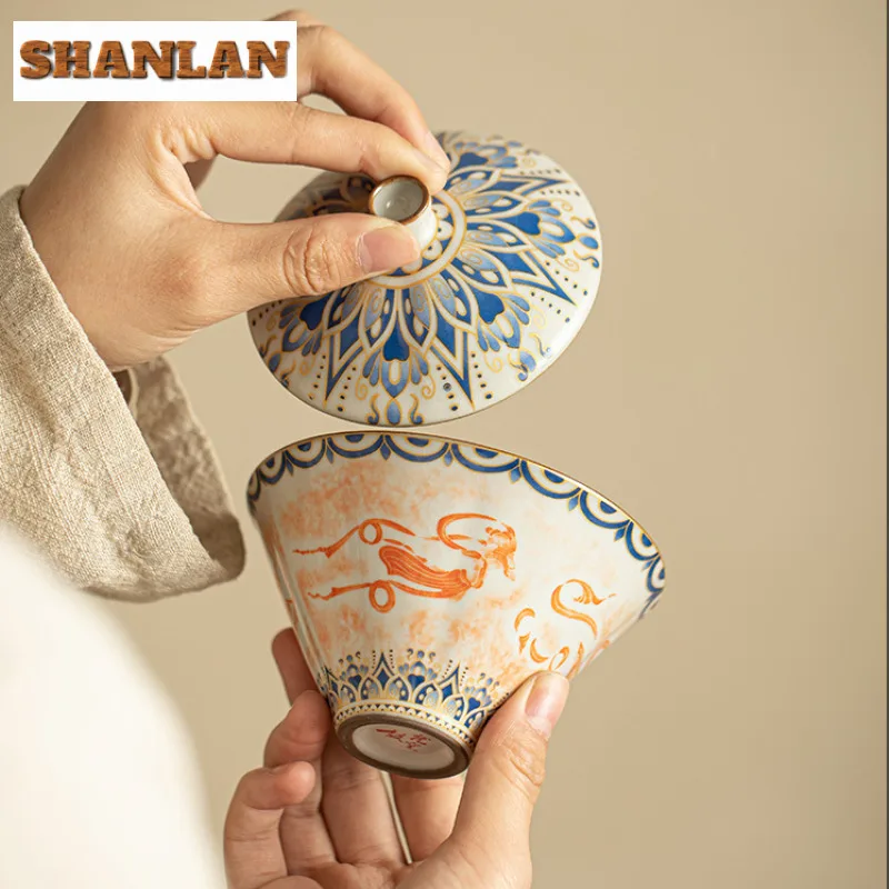 Ceramic Rubbings Flying Sky Gaiwan Zen Anti-scald Tea Tureen Tea Bowl With Lid Kit Brewing Cover Bowl Drinkware Craft Gift