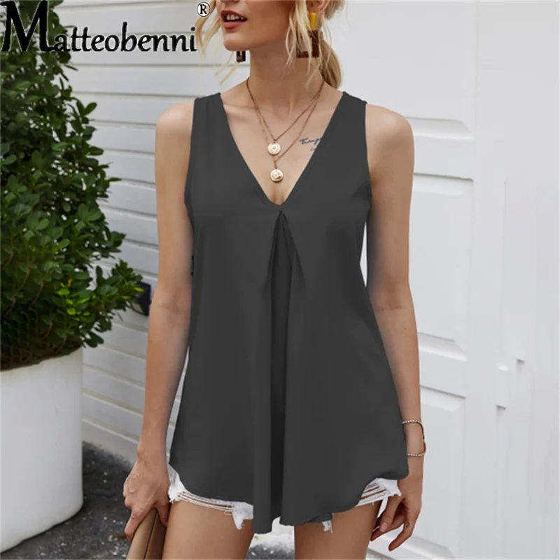 2022 Summer Chiffon Women Shirt Tops Sexy Halter Woman Sleeveless Solid Loose Tank Tops Female V-Neck Folds Basic White Vest womens cami