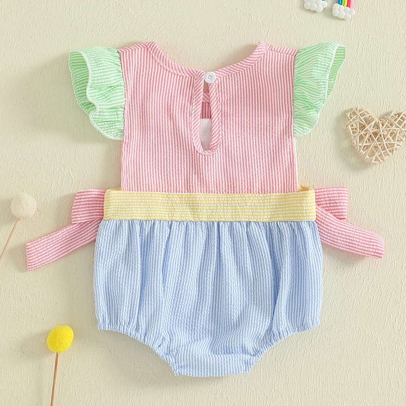 Adorable Baby Girls Romper with Flutter Sleeves Striped Design Cute Bows and Embroidered Letters - Perfect Summer Outfit for 5