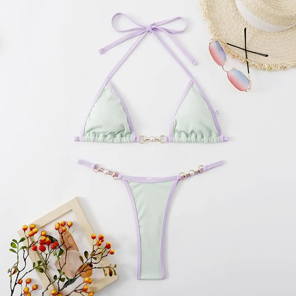 

2 Pcs/Set Summer Bikini Set Patchwork Swimming Suit Imitation Pearl Deep V Neck Swimming Suit