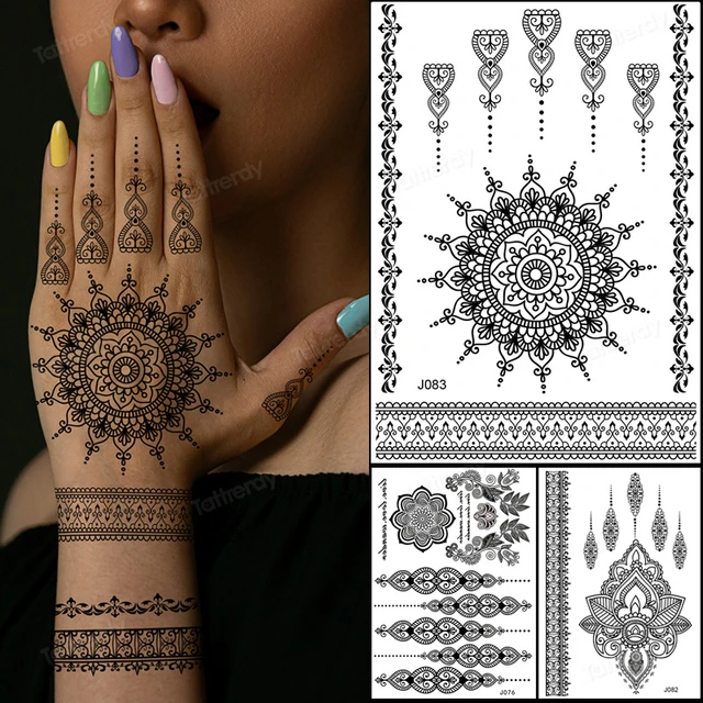 Tatuagem temporária à prova dwaterproof água etiqueta preta hena laço  arabian lotus totem flor flash tatoo mulher dedo arte do corpo falso tatto  - AliExpress