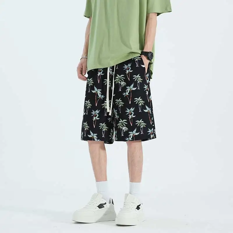 Minimalist Trendy Summer New Printed Pockets Men's Elastic Waist Drawstring Fashion Versatile Loose Straight knee length Shorts