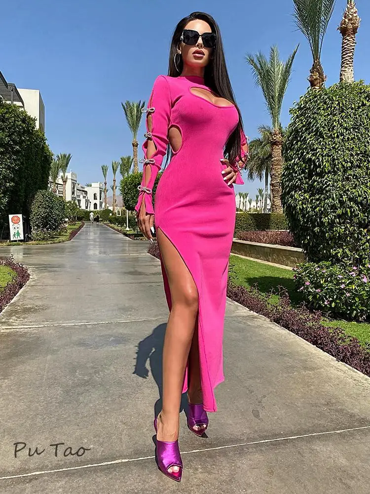 

PuTao Women Sexy HollowProm Dres Out Design Long Sleeve Bow Crystal Fashion Party Wear Hot Pink Bodycon Bandage Long Dress Gowns