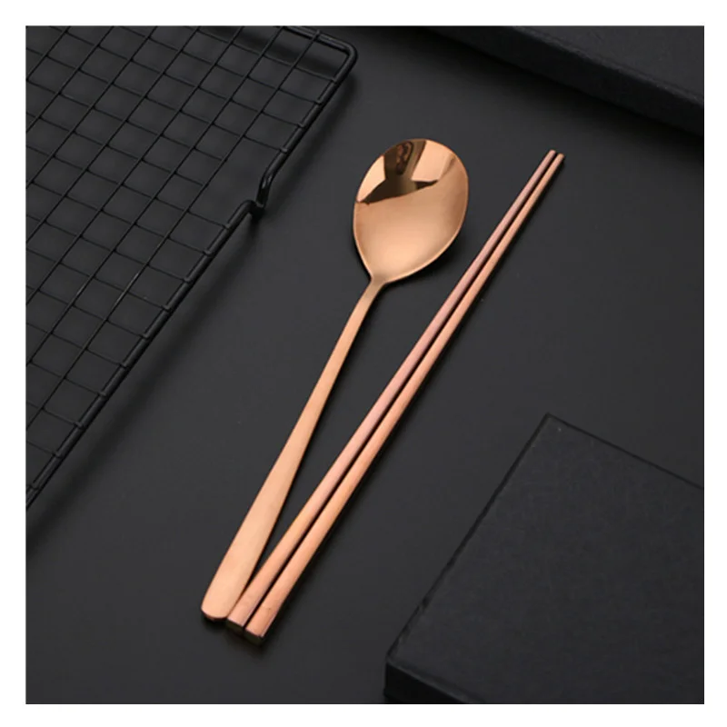 Korean stainless steel food chopsticks spoon set long handle non-slip dessert tableware stainless steel cutlery set