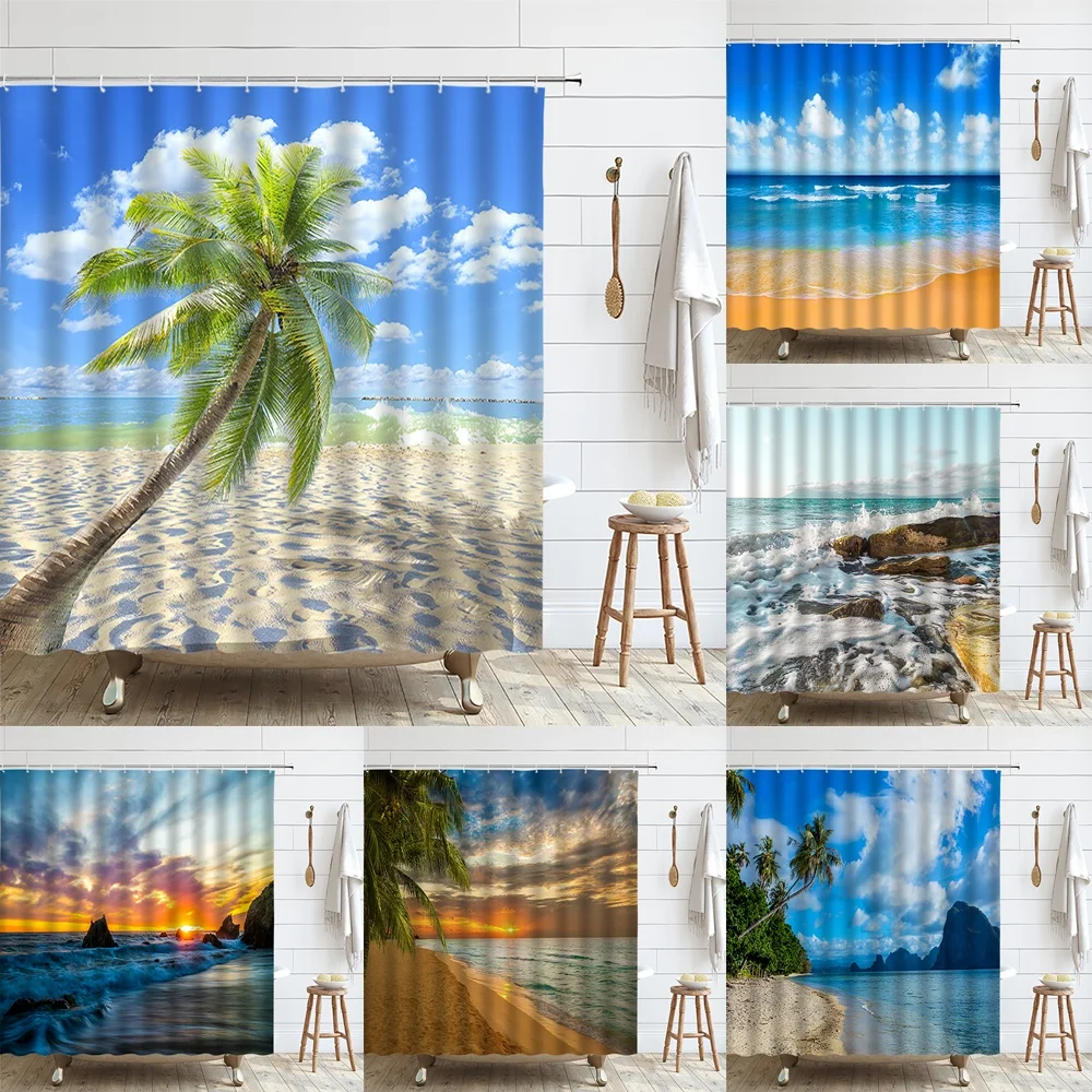 

Palm Tree Ocean Scenery Shower Curtains Beach Sea Natural Landscape Sunset Island Hawaii Bathroom Decor Bath Curtain With Hooks