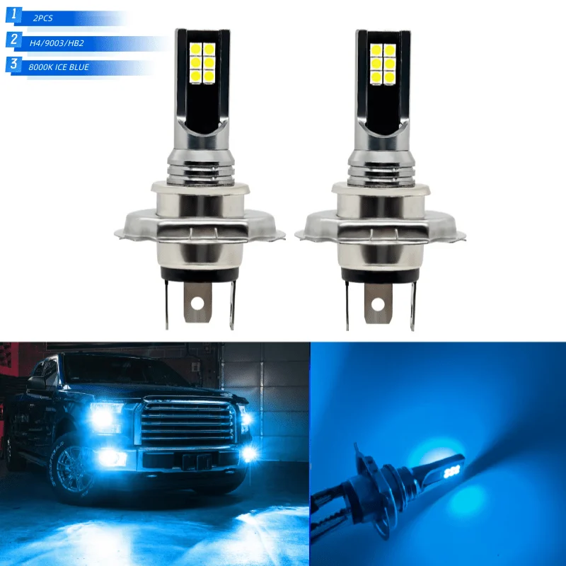 قطعتان من مصابيح LED H4 9003 للسيارات والشاحنات، طقم إضاءة مزدوجة عالية ومنخفضة الشعاع، 8000 كلفن أزرق