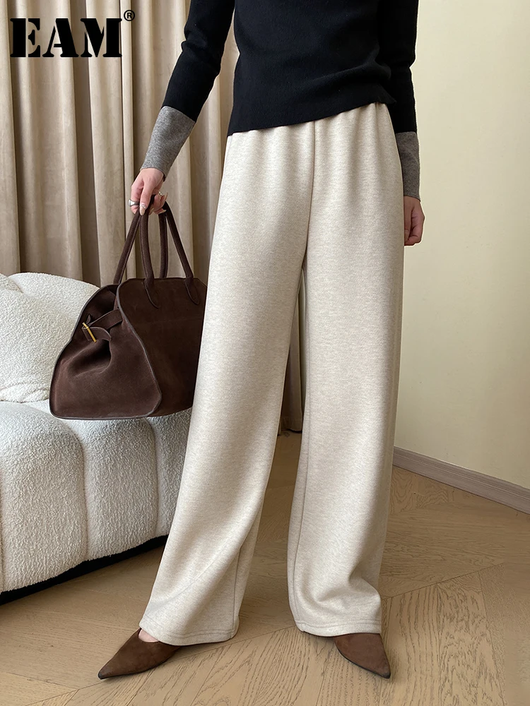

[EAM] High Elastic Waist Beige Thick Full Length Woolen Pants New Loose Trousers Women Fashion Tide Autumn Winter 2024 1DH3521