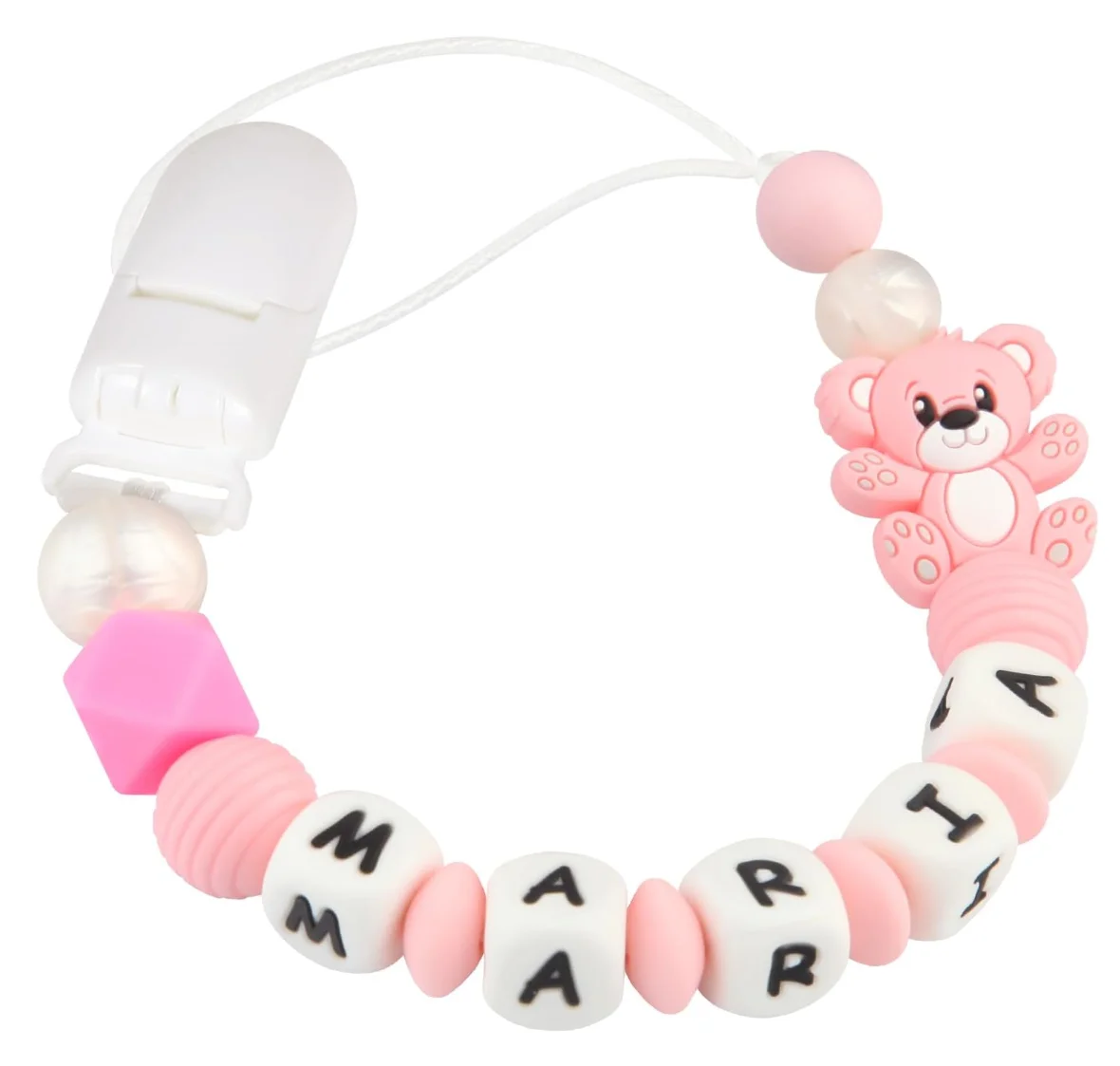Custom Name Baby Pacifier Chain Clip with Bear Charm