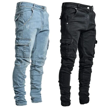 Jeans elastici da strada Pantaloni cargo in denim da uomo Lavaggio tinta unita Multi tasche Pantaloni casual a vita media Pantaloni slim fit da indossare ogni giorno 1