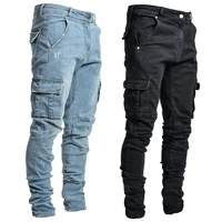 Street Elastic Jeans Men Denim Cargo Pants Wash Solid Color Multi Pockets Casual Mid Waist Trousers Slim Fit Daily Wear Joggers 1