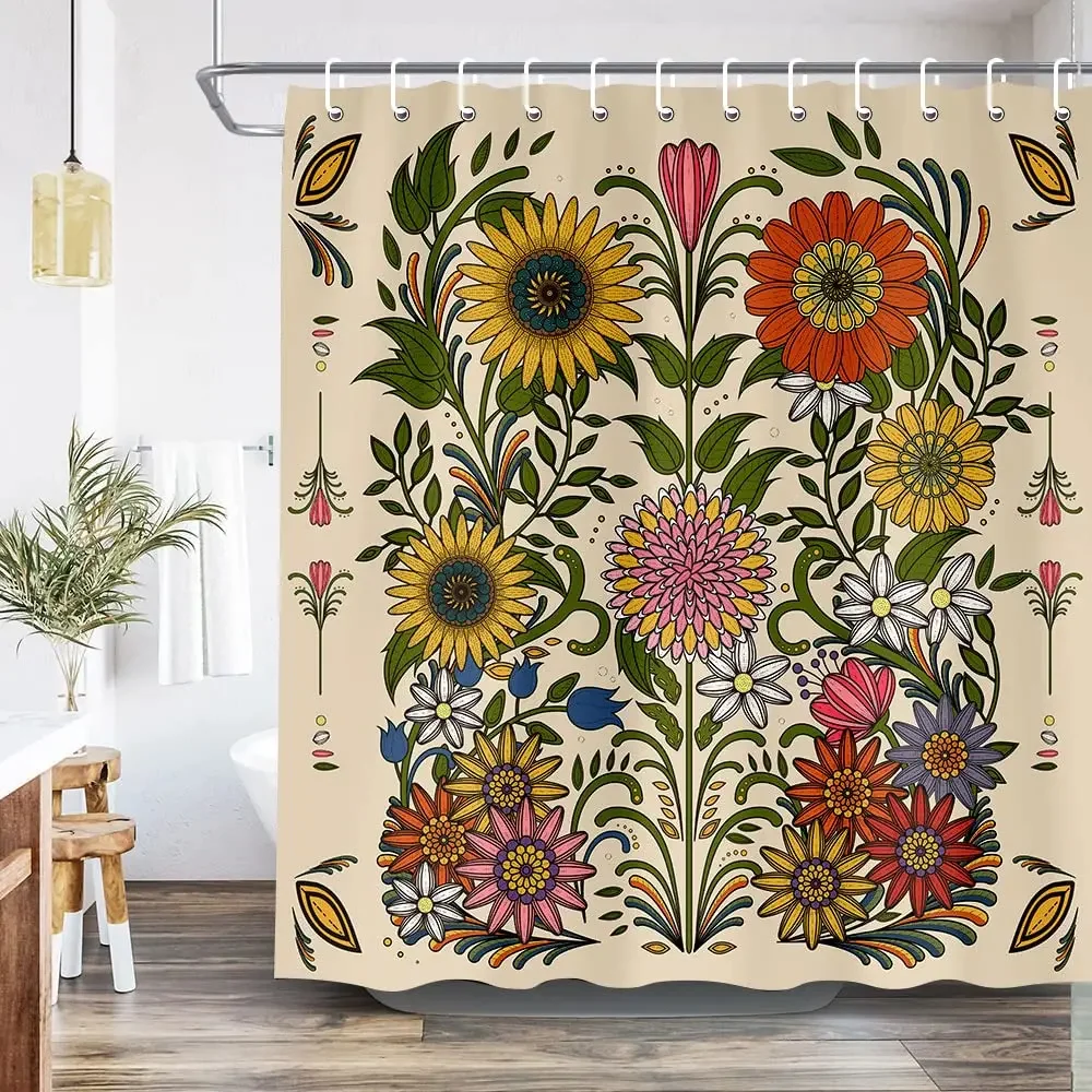 Hippie-Blumen-Duschvorhang – 70er Jahre Retro Design, Wasserdicht, 183x190 Cm, Mit 12 Haken, Polyester