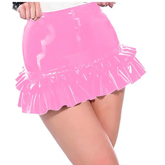 Sexy Girl Mini Skirt Glossy PVC Leather High Waist Ruffled Pencil Skirt Wetlook Women Plus Size Skirts Office Lady Bodycon Skirt