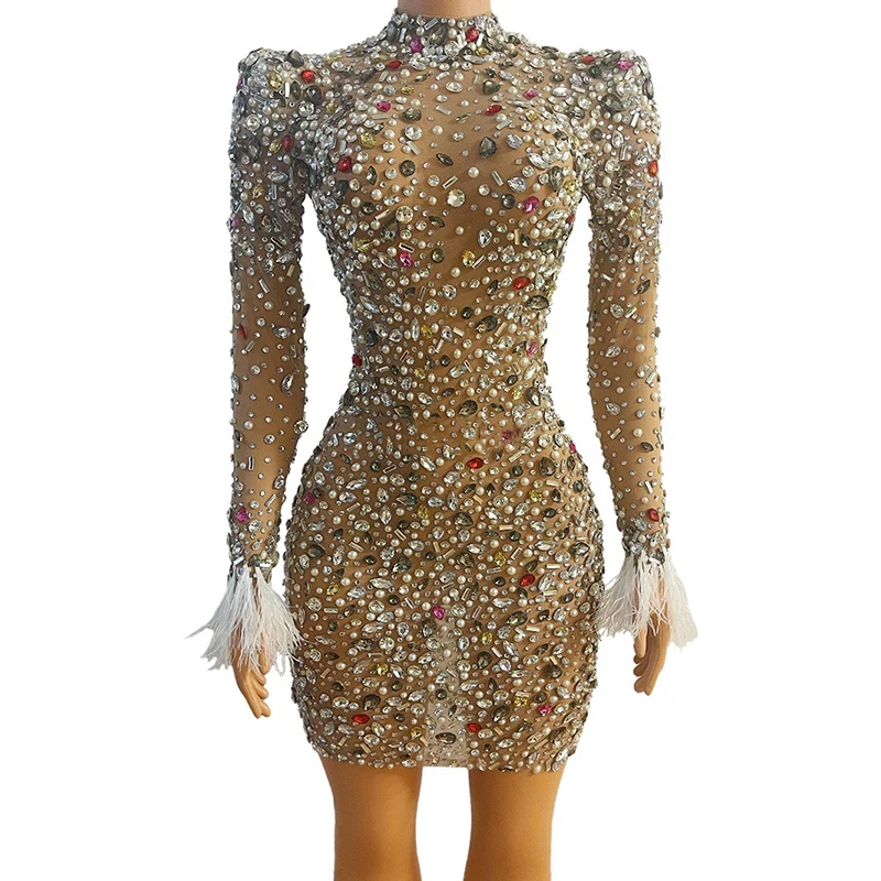 Colorful Crystals Pearls Sexy Mesh Dress Prom Evening Sexy Transparent Multicolor Rhinestones Costume Birthday Feather Sleeves