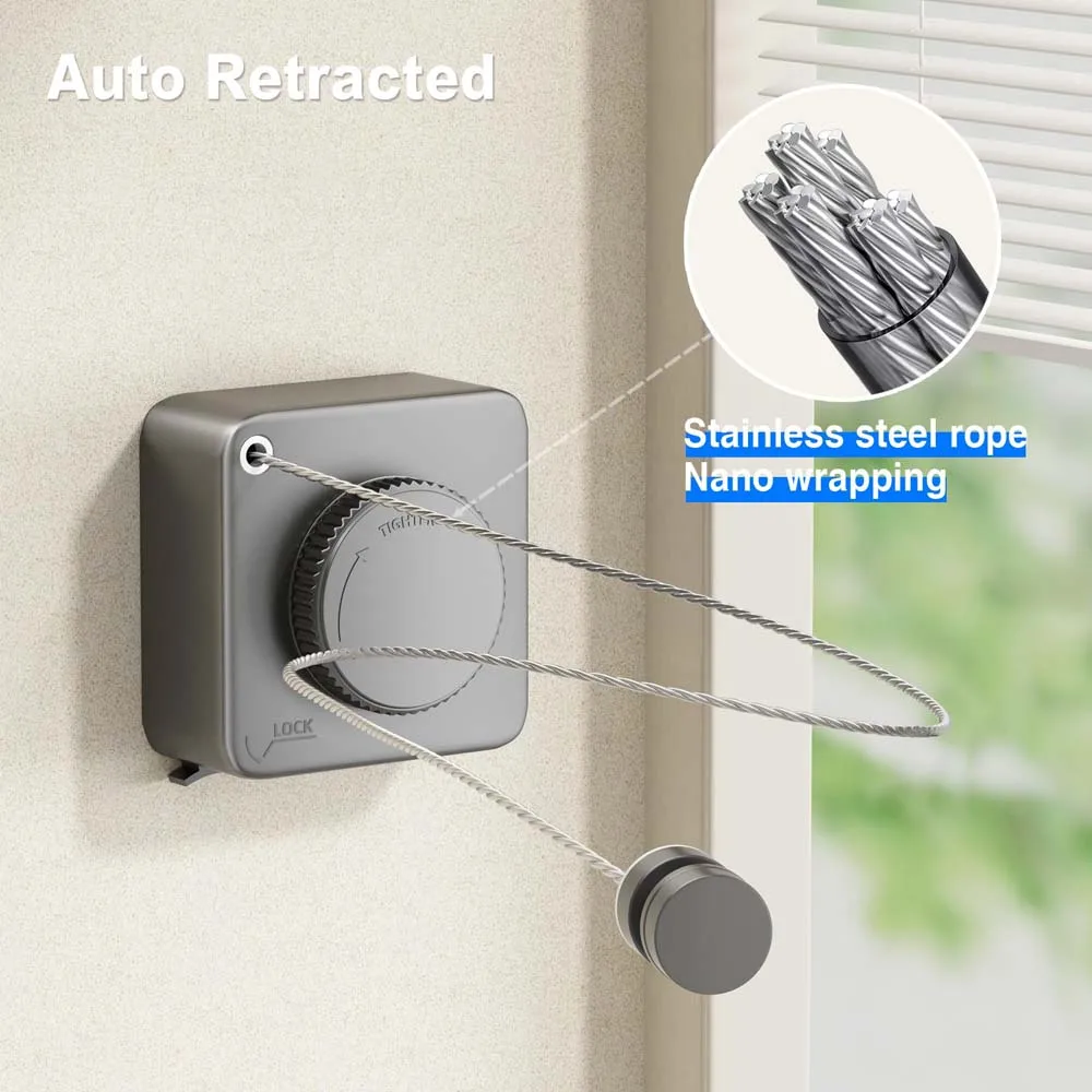 Retractable Clothesline Indoor Retracting Clothes Drying Laundry Line Wall Mounted Non-Sagging Outdoor Clothes Hanger Line 5