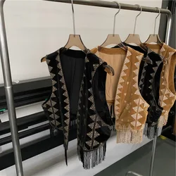 Womens Black Velvet Embroidery Fringe Vest  Open Front Cardigan