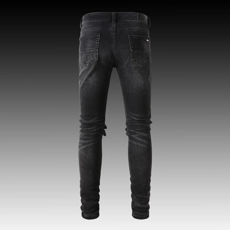 High Street Fashion New Black Men's Jeans Elastic Slim Fit Red Patch Jeans Hip Hop Brand Pantss