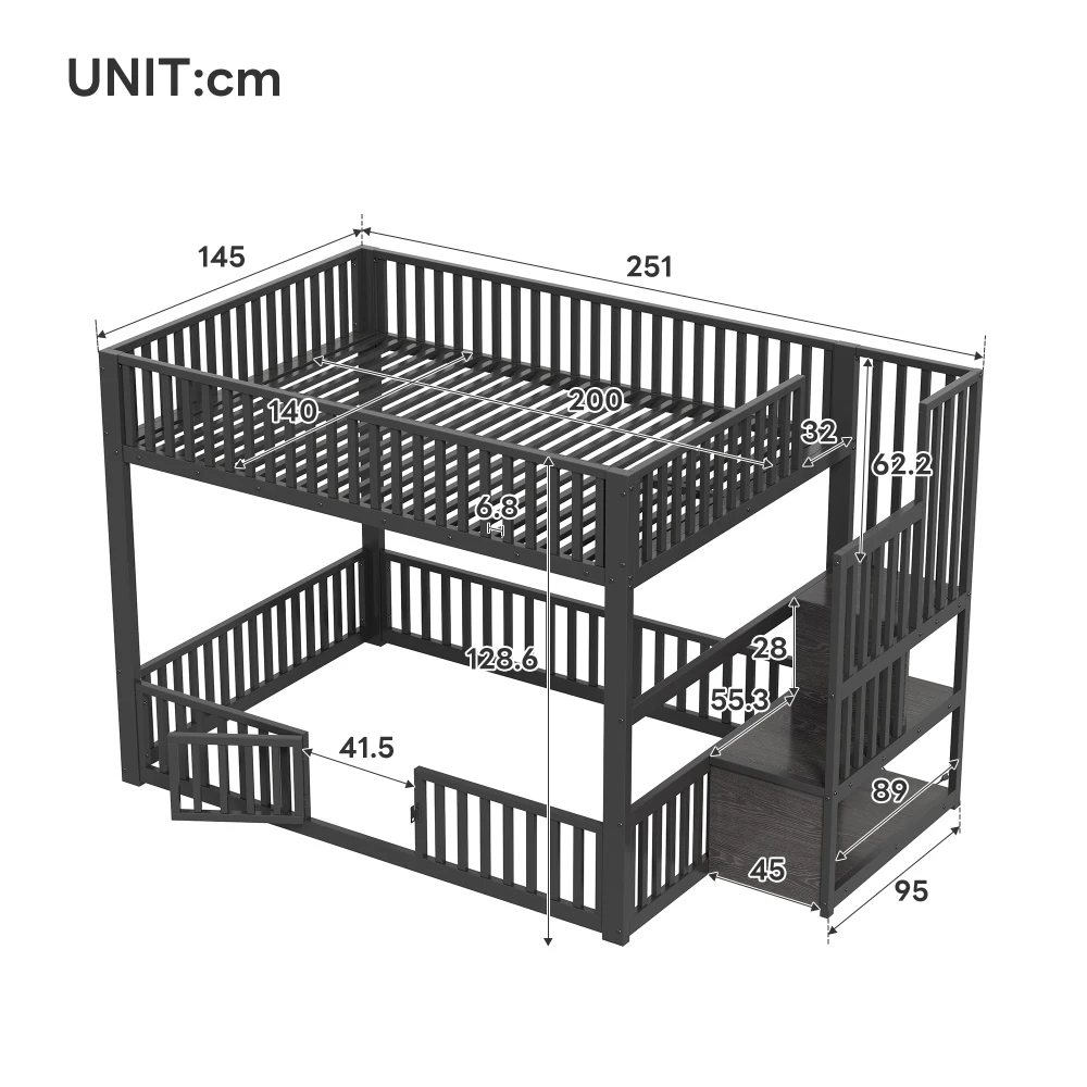 90x200cm & 140x200cm Etagenbett mit Stauraum und sicherer Position, Kinderbett mit integrierter LED-Beleuchtung, Sicherheitstreppe – Detail 3